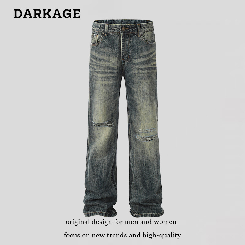 Unisex American Retro Cleanfit Washed Flared Ripped Jeans Straight Leg Slim Fit Street Style Wide Leg Pants_mkmklike.com