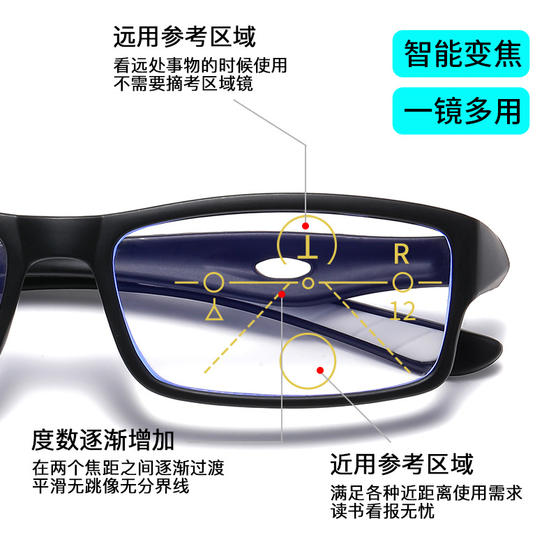 Sensor de luz decolor zoom automático de doble propósito gafas de presbyopia TR anti-luz azul gafas de presbyopia multifocal
