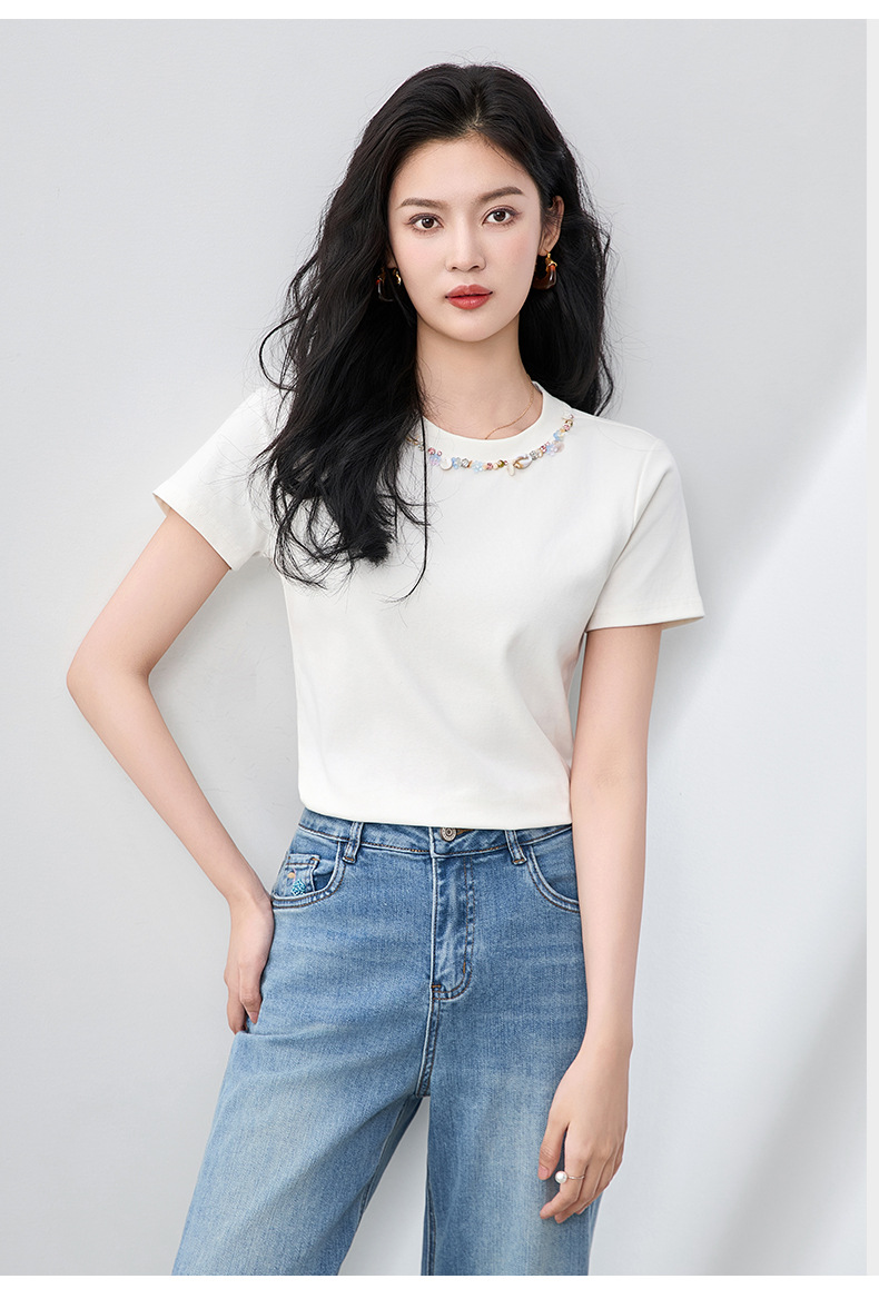 Áo thun cổ tròn đính cườm ốc xà cừ nữ tay ngắn ôm dáng — Màu trắng chi tiết 12