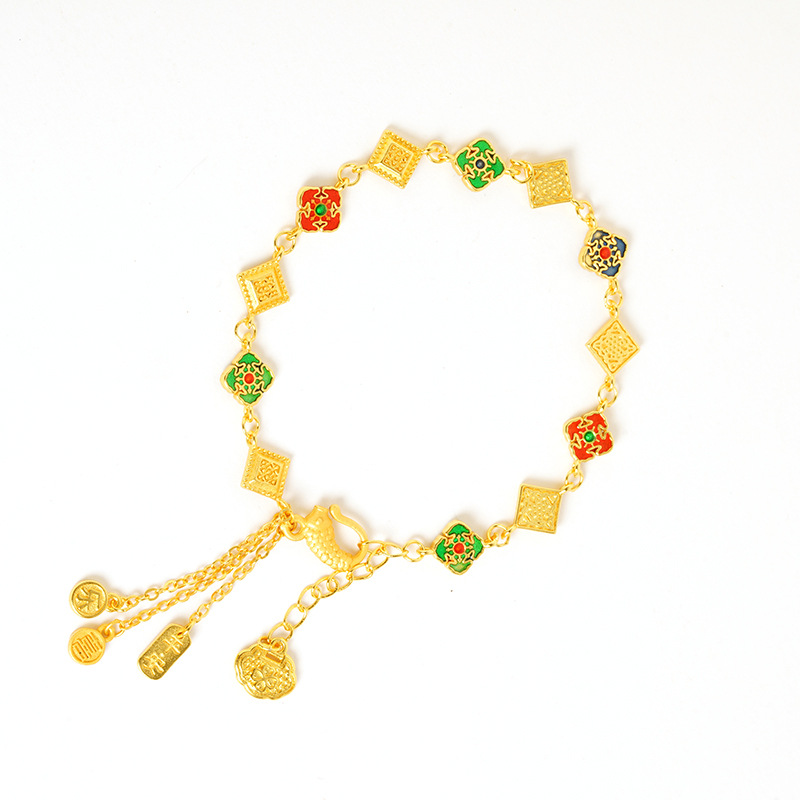 Brazalete de oro de arena de Vietnam nuevo estilo chino diamante esmalte Ping An feliz koi rosas joyerías de bloqueo fuente al por mayor