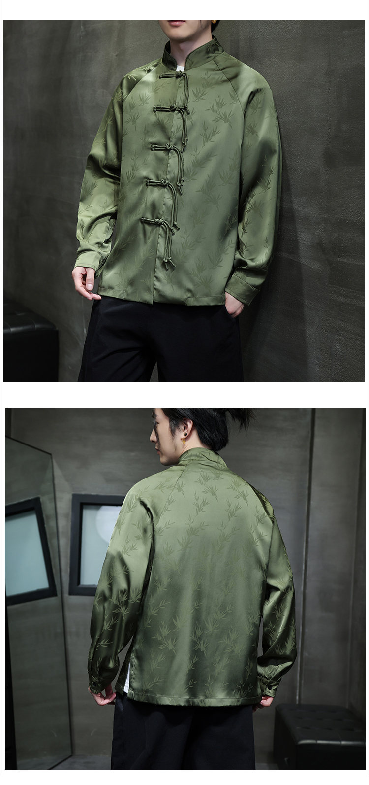 Black Hole Scenery Spring/Summer New Product Chinese Style Bamboo Leaf Silk Jacquard Long sleeved Shirt Button Standing_vogarts.com