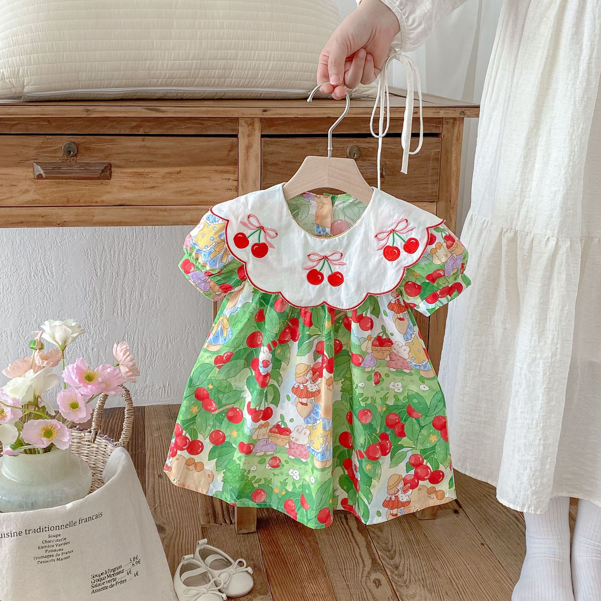 Children's Dress Korean Style Cherry Embroidered Doll Collar 2025 Summer Short-Sleeved Sweet Girl Princess Dress for Small and Medium-Sized Children
