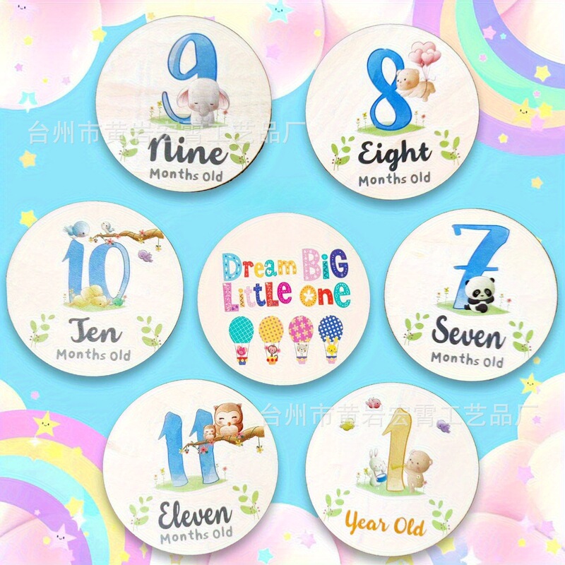 Cross-Border Wooden Baby Milestone Commemorative Wood Piece Welcome Newborn Photography Props Month Round Solid Wood Sign
