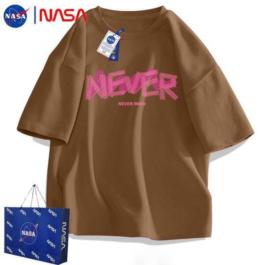 NASA Heavy Cotton Short-sleeved T-shirt Men's 2024 New National Trendy Retro Niche Ins Summer Trendy Brand Brown Top