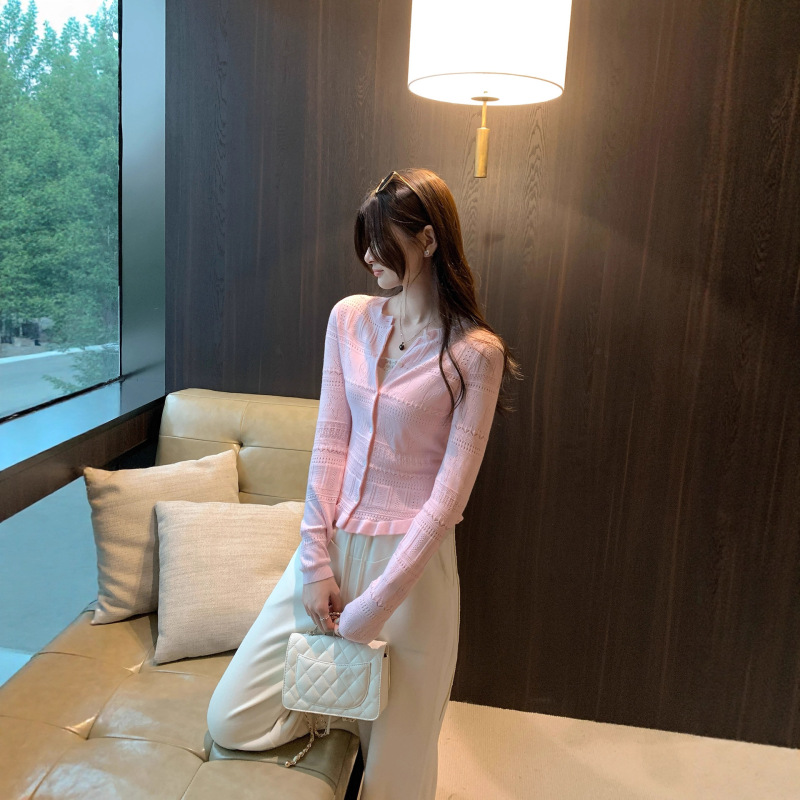 法式镂空长袖羊毛针织开衫外套女装韩版秋季2025新款修身显瘦上衣|undefined