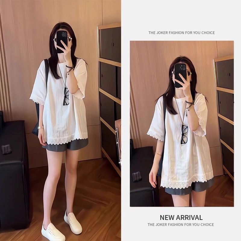 夏季时尚宽松显瘦穿搭女韩版减龄气质时尚中长袖上衣短裤两件套装