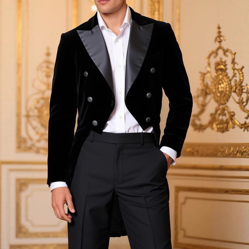 Cross-Border Black Elegant Velvet Suit Tuxedo Men's Banquet Wedding Suit Stage Performance Dress Coat