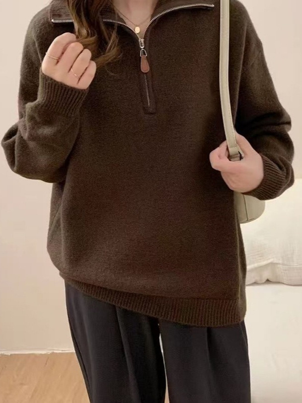 半拉链毛衣女秋季新款宽松套头慵懒风纯色翻领针织衫韩国上衣|undefined