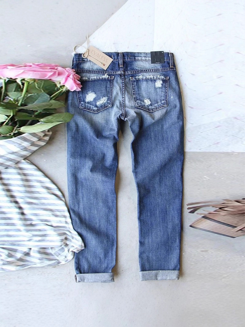 Jeans Rectos con Rotos para Mujer de Mezclilla de Algodón, Estampado, Lavado image 3