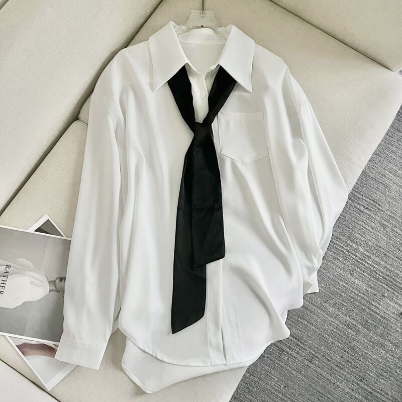 Long-Sleeved College Niche Loose Simple Tie White Shirt Design Student Shirt Top New Spring and Autumn