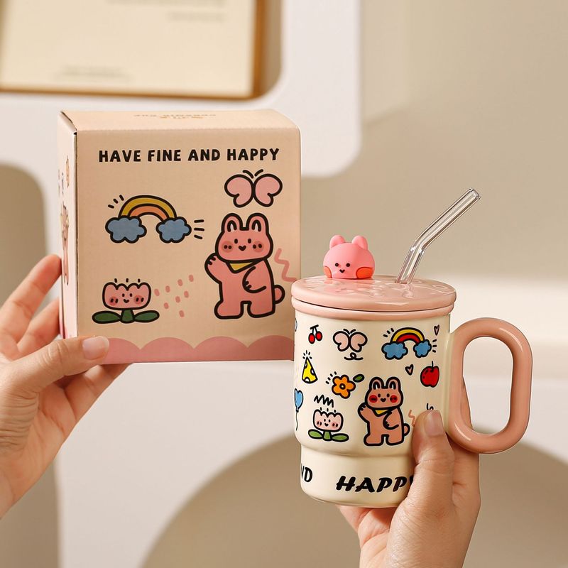 蓋付きストローマグ、見栄えの良いかわいい動物セラミックマグ、家庭用ウォーターカップ、カップルコーヒージュースカップ|undefined