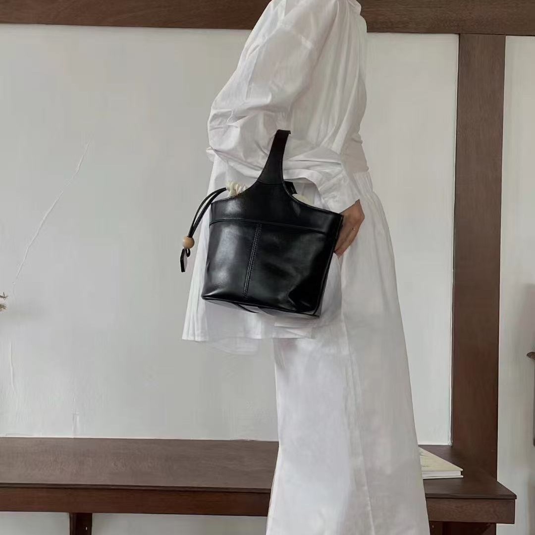New Top Grain Cowhide Basket Bag Luxury Quiet Luxury Style Handbag Crossbody Bag Vintage Bucket Bag - Thumbnail 3