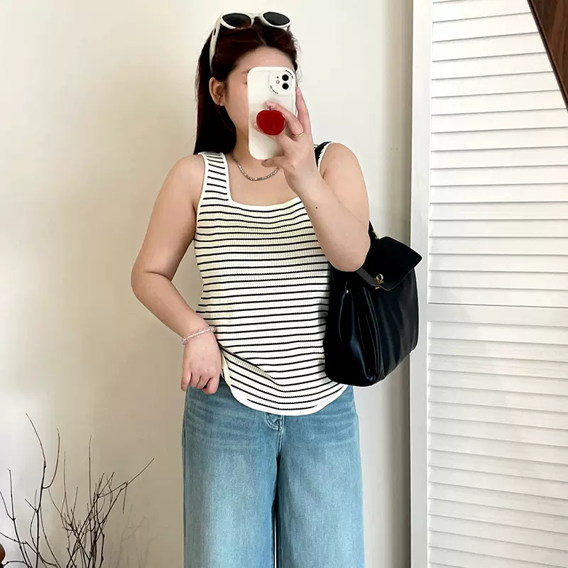 大码女装方领针织衫女上衣2025秋胖mm条纹打底内搭吊带背心21929