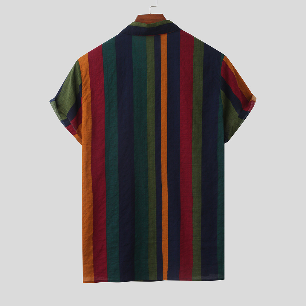 men's short-sleeved rainbow linen dark grid open chest shirt 4 undefined
