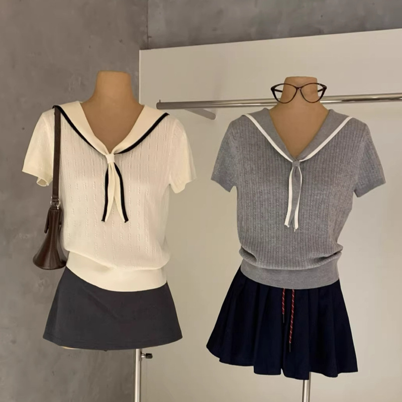 Wgwe9062 New Summer Style Petite Women's High-End Navy Collar Short-Sleeved Knitwear Thin Top