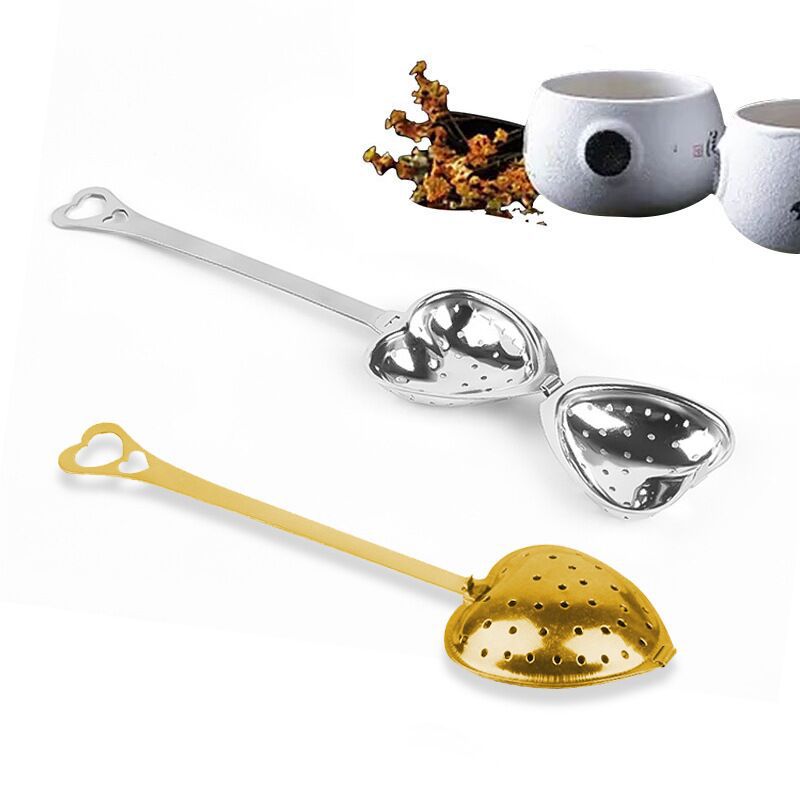 Factory-direct household stainless steel heart-shaped tea strainer with handle, chain-style heart-shaped tea funnel, and tea-scooping ladle
