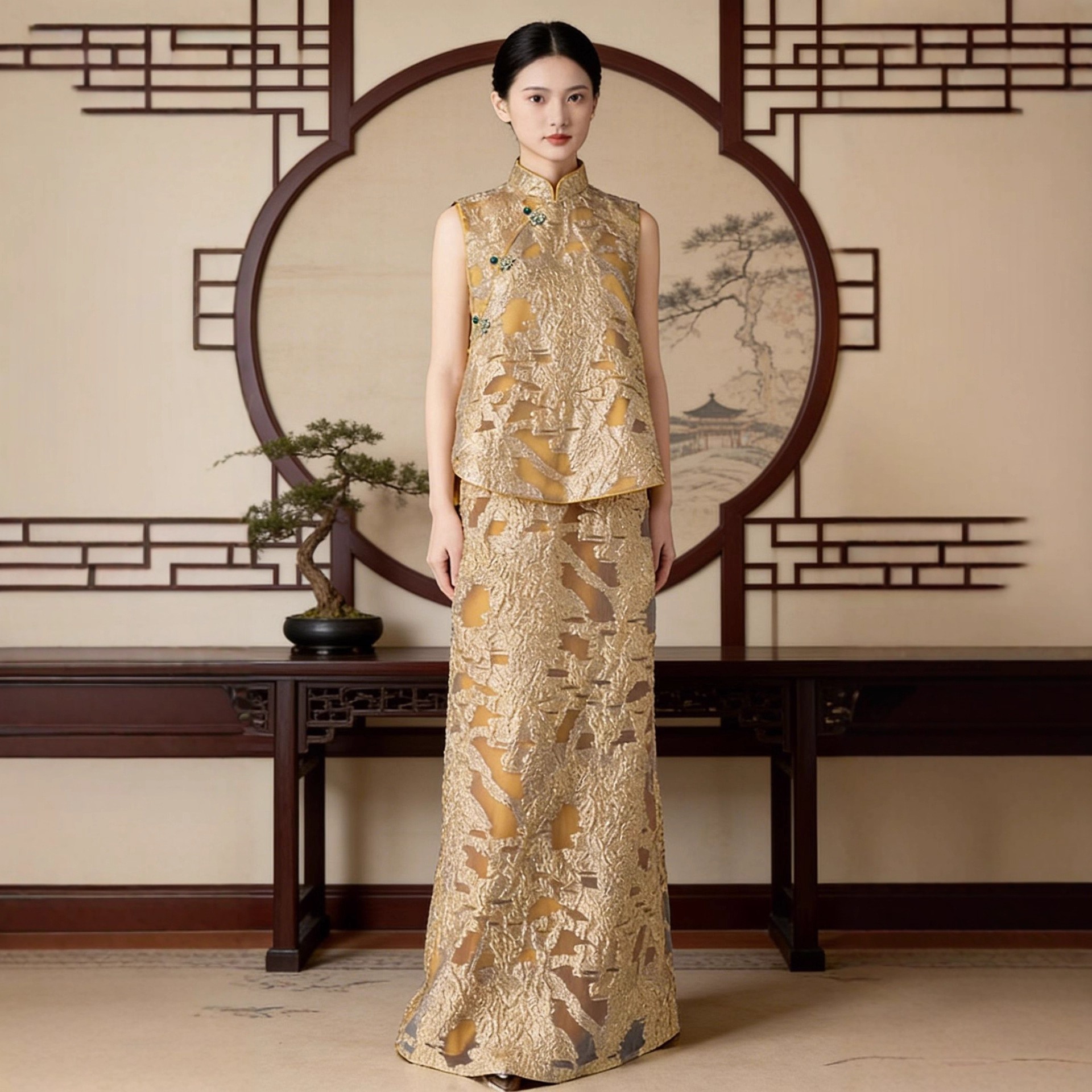 New Chinese Style Morning Dress Suit Bride Stand Collar Sleeveless Dress Gold Design Light Luxury Toast Dress