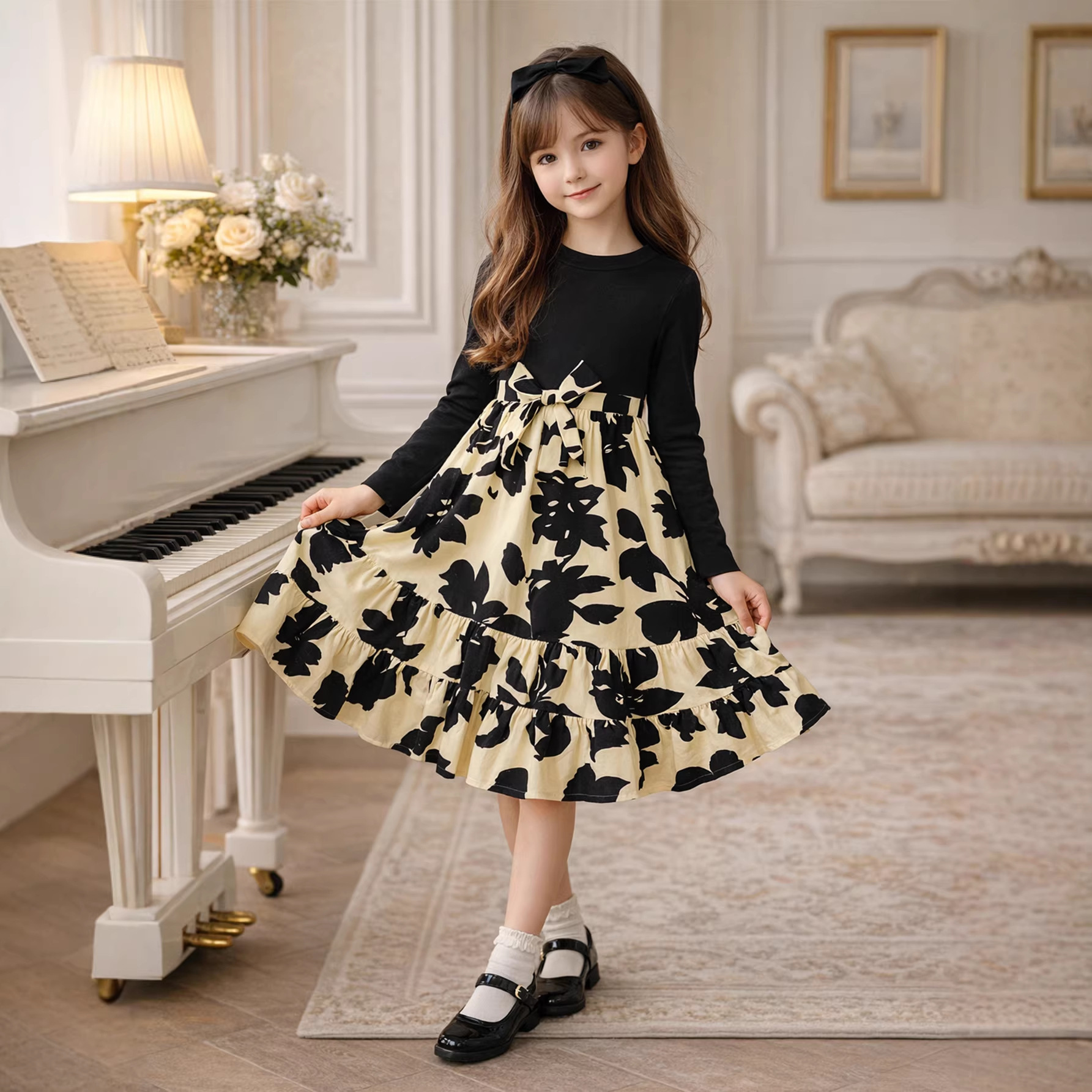 Girls' Elegant Dress for Ages 8-12, Long-Sleeved Ribbed Fabric with Floral Print, Cross-Border Trade