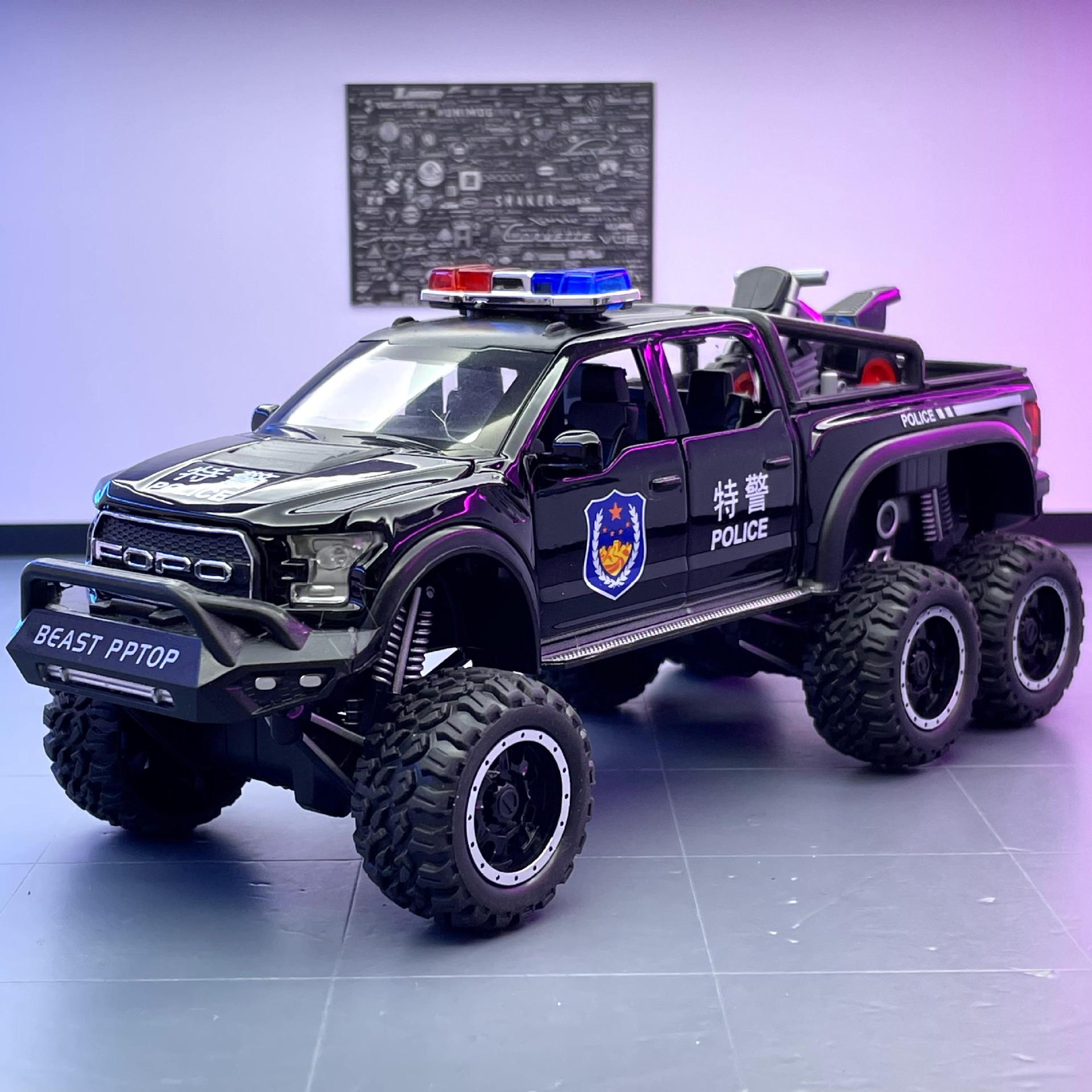 Modelo de coche de aleación de coche 1:28 Ford mengbird F150 coche policía Tire hacia atrás sonido y luz niño juguete coche modelo Decoración
