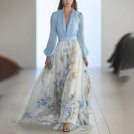 2025欧美女装 亚马逊 独立站 数码印花 长袖 V领 拼接长裙 连衣裙