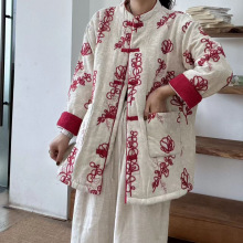 冬季新品中式盘扣夹棉加厚棉麻棉服女装拼色宽松大码中长款外套