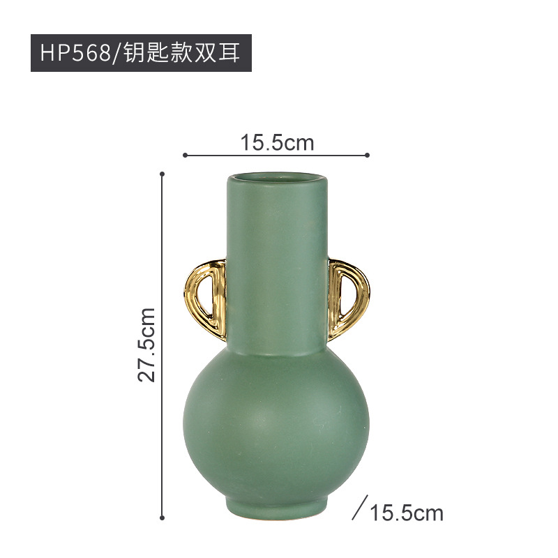 Luz moderna de lujo Esmeralda oro binaural cerámica florero hogar modelo habitación decoración suave pasillo Decoración