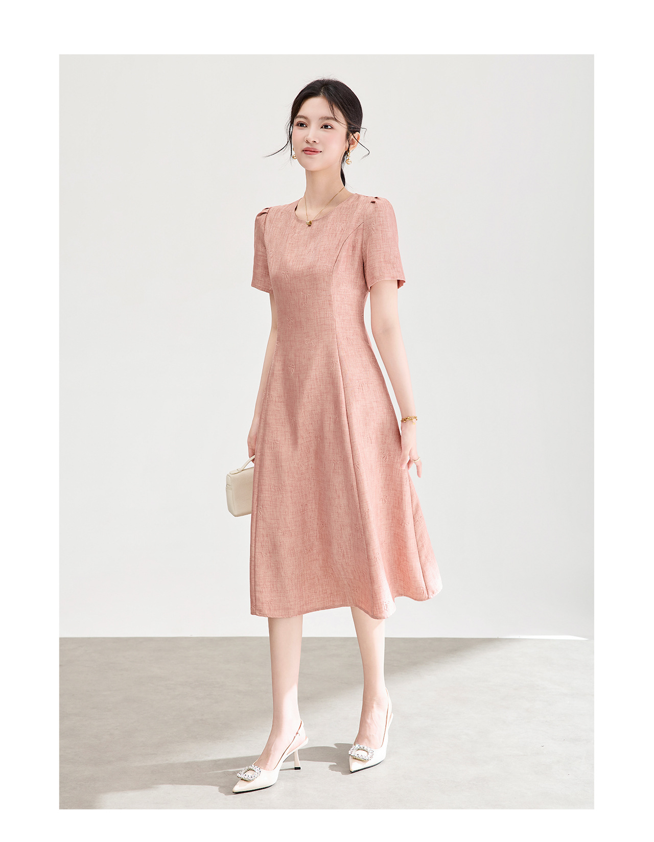 Đầm chữ A nữ cao eo họa tiết jacquard nơ — màu hồng chi tiết 11