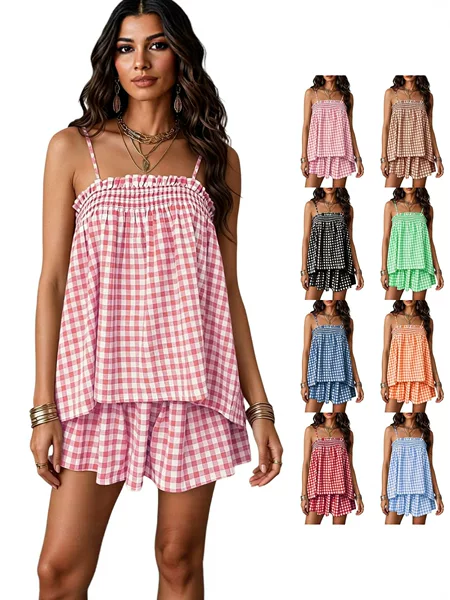 2026 Cross-Border European and American Summer New Fashion Amazon Women's Shorts and Suspender Set Plaid Tie Suspender Dress