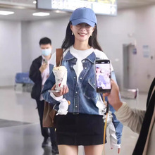 现货YB开秋冬小众新款沈梦辰同款牛仔衬衫印花假两件长袖T恤女