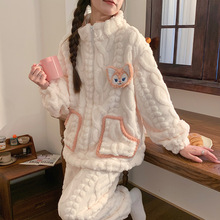 秋冬季新款睡衣女珊瑚绒法兰绒拉链款加厚立领甜美风家居服套装