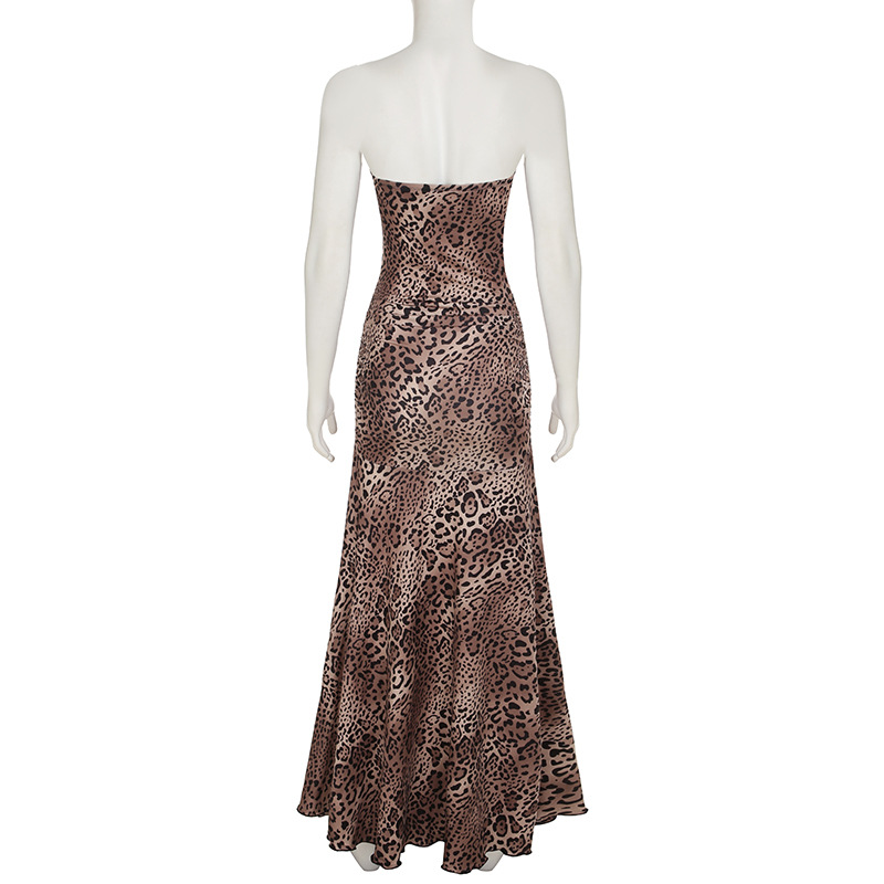 Summer Women Leopard Print Tube Top Dress Street Sexy Sexy Waist Trimming Package Hip A line Vacation Dress