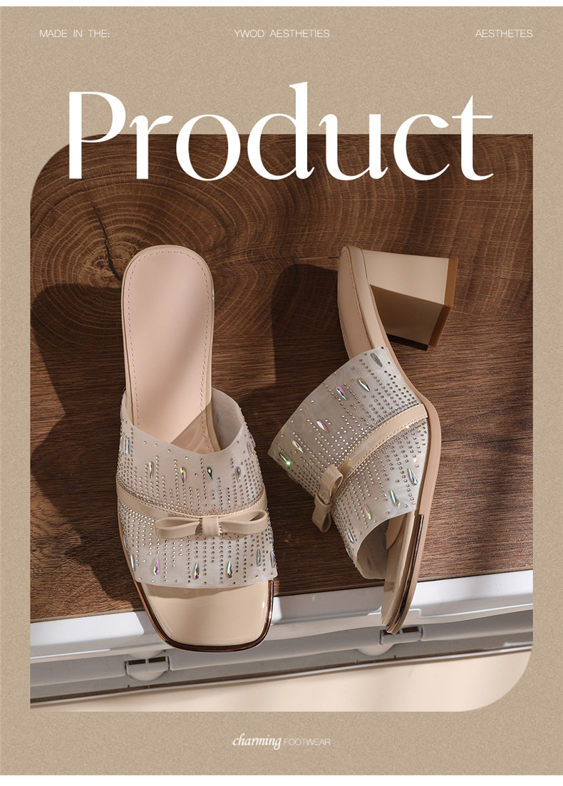Sandal cao gót nữ hở mũi phong cách Pháp đính sequin lấp lánh gót vuông 6 cm — 7215 Màu đen, 7215 màu mơ chi tiết 9