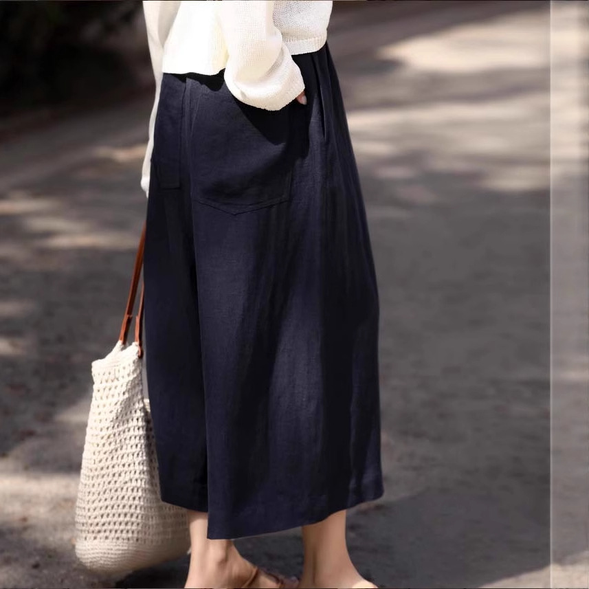 Quần culottes ống rộng vải lanh mỏng mát mùa hè nữ — Trắng sứ trơn, Xanh ngọc bích