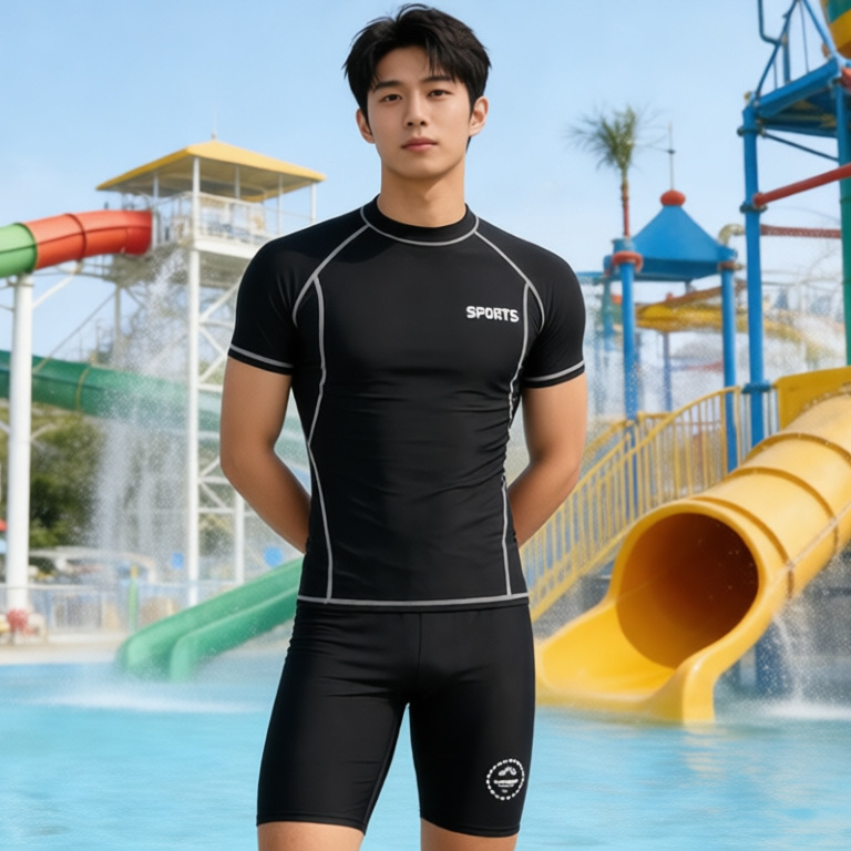 2026 Conservative Men's Swimwear Set Adult Swim Trunks Men's Tight-Fitting Short-Sleeve Swimsuit Sun Protection Hot Spring Simple Wholesale
