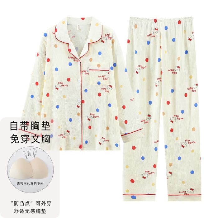 Nube de algodón pijama de primavera y otoño dulce dibujos animados con cojín de pecho cardigan de manga larga pantalones largos dos piezas de ropa de hogar