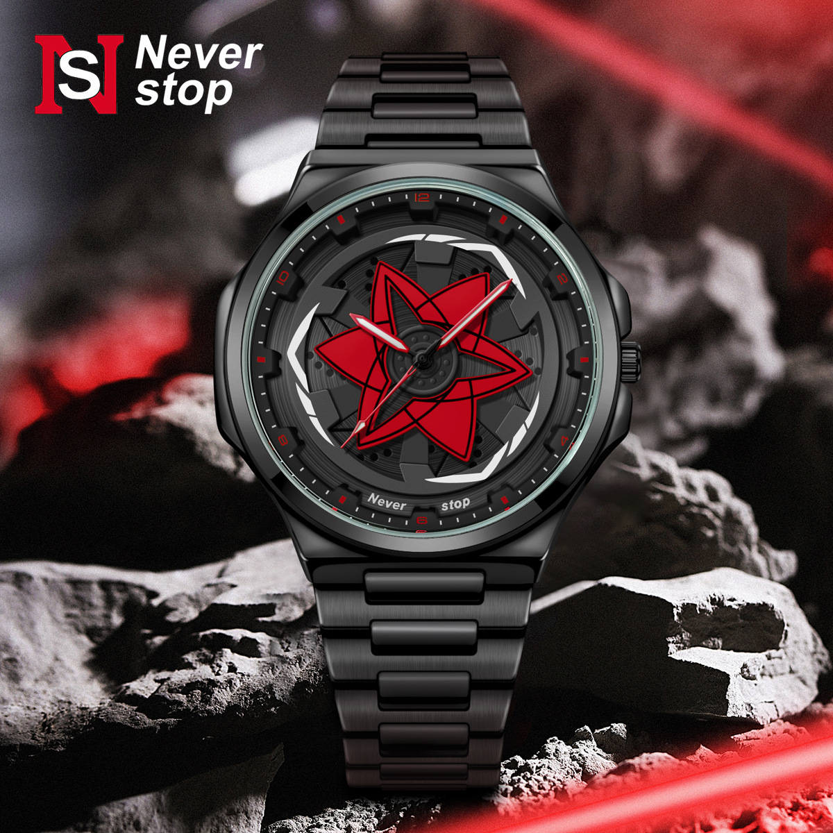 Ns Brand Cross-Border Popular Men's Steel Band Watch with Rotating Dial, Sporty and Trendy Quartz Watch, Factory Ready Stock