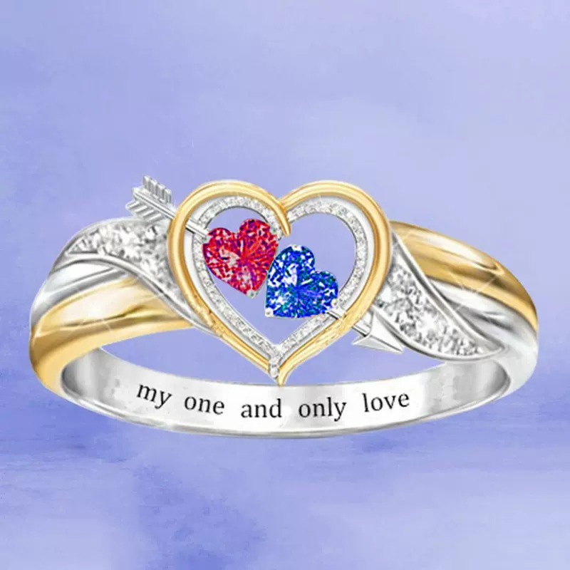 跨境个性首饰新款双色爱心戒指 海豚蓝色彩钻指环女士手饰批发