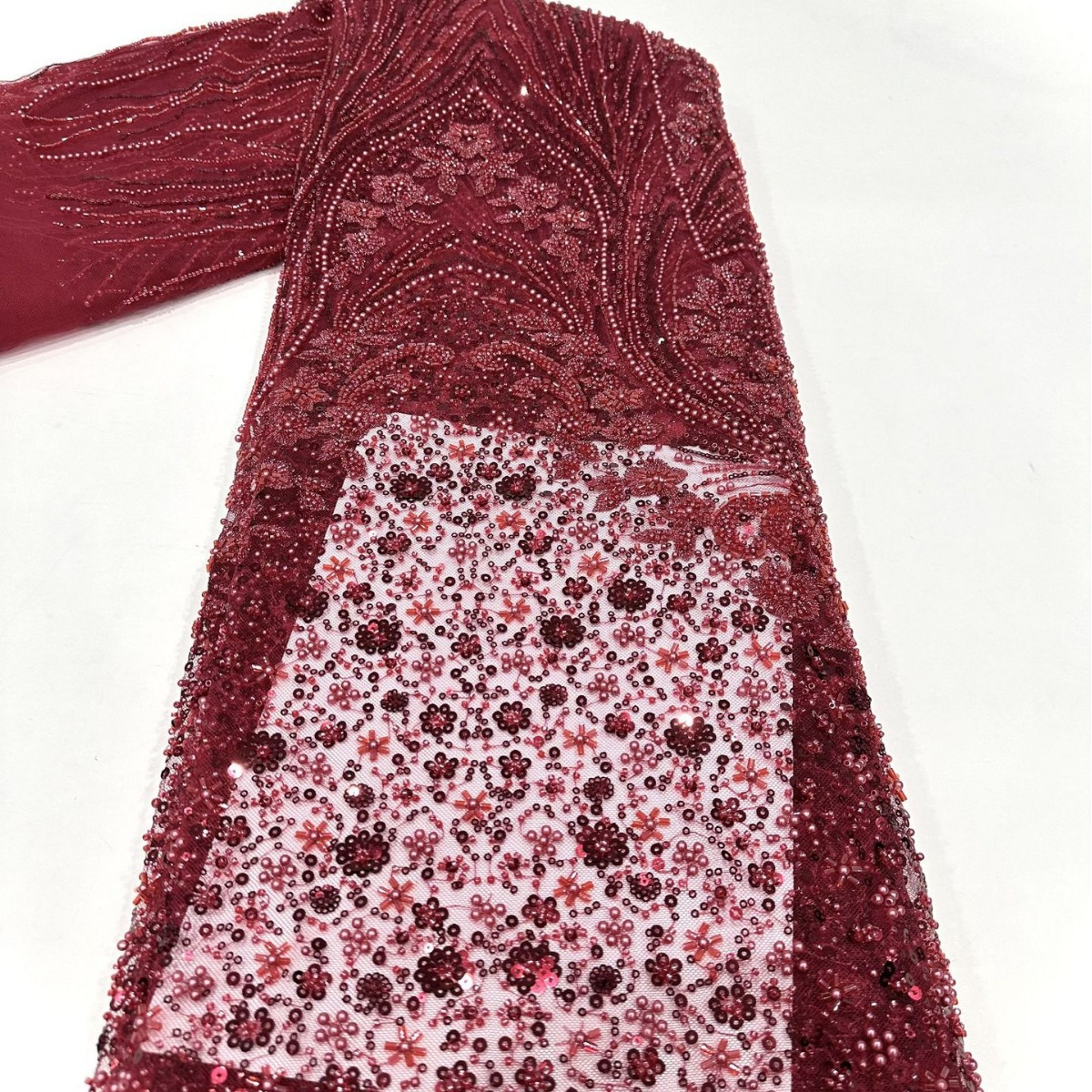 Fabricante nuevo tubo de perlas de industria pesada bordado red rayas flor de ciruela de moda ligera vestido de boda de lujo tela de mujer