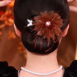 时尚气质羽毛花朵珍珠复古盘发器2023年新款高级感精致发饰女发带