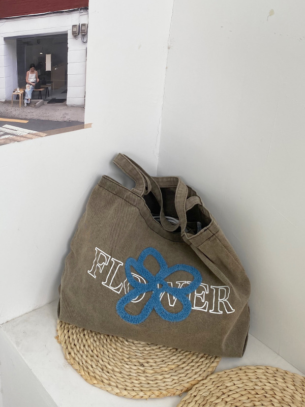 レトロニッチデニムトートバッグ、洗濯可能、色褪せしない、韓国風刺繍フラワーショルダーバッグ、春夏万能通勤バッグ|undefined