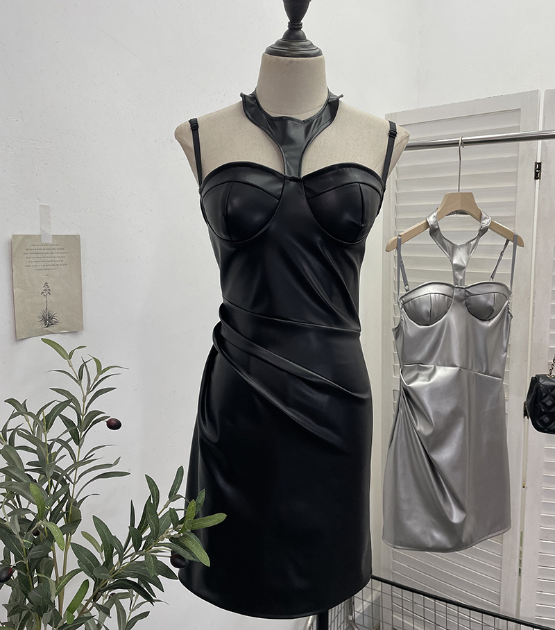 Chest Pad Halter Spaghetti Straps Dress Sexy Slim Fit Ruffle Hip Faux Leather Sexy 8 Chest Pad Halter Spaghetti Straps Dress Sexy Slim Fit Ruffle Hip Faux Leather Sexy
