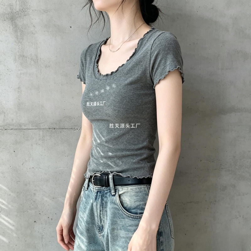 Lace Round Neck Short-Sleeved T-Shirt for Women 2026 Spring New Style Slim Fit Daily Pure Color Inner Top Lace Round Neck Short-Sleeved T-Shirt for Women 2026 Spring New Style Slim Fit Daily Pure Color Inner Top