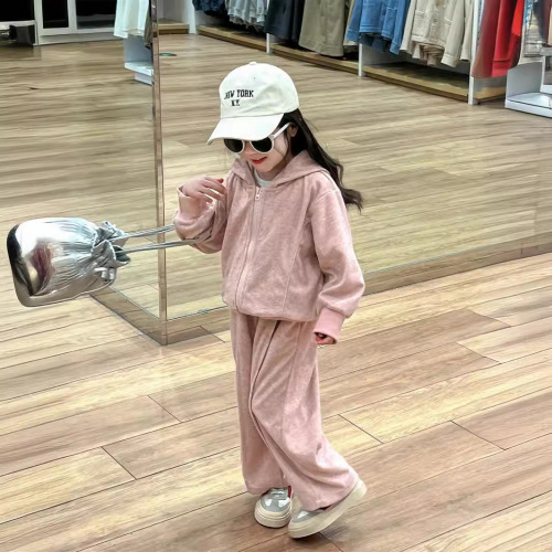 2024 Spring Korean Children's Clothing New Item: Girls Fashion Zipper Set Sports Casual Hooded Two-Piece School Uniform