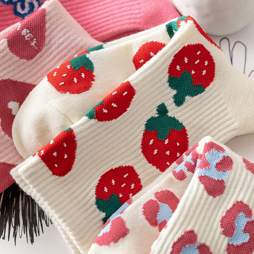Pink Love Strawberry Socks for Women Spring and Autumn Style with Shark Pants Mid-calf Socks Fashionable and Versatile Cute Ins Trendy Long Socks