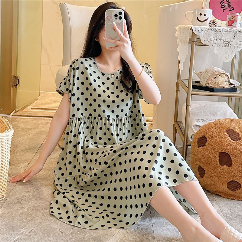 Camisón de seda de algodón de las mujeres de primavera y otoño casual manga corta más tamaño pijamas impresos verano fino de alto grado tocar ropa de algodón para el hogar