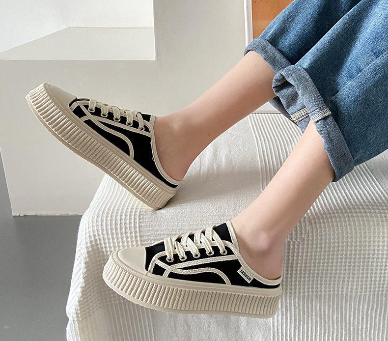2024 verano nuevos zapatos de galleta ins moda versión coreana de todos los zapatos de lona de arrastre medio zapatos casuales de estudiante de suela gruesa_voghion.com