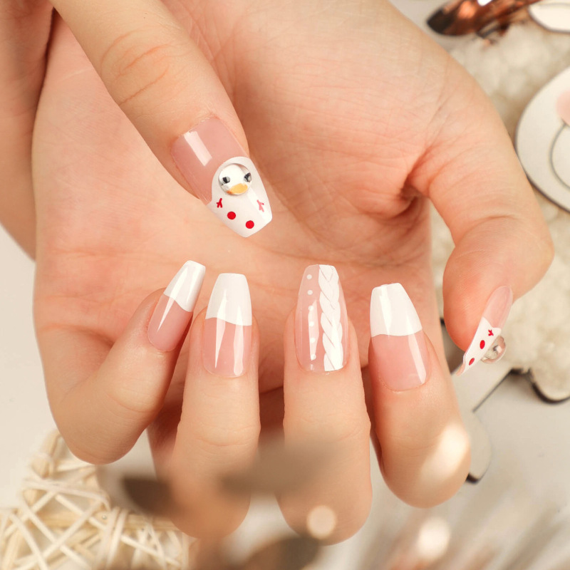 French White Red Dot Christmas Wearable Nails Removable Christmas Manicure Fake Nails European and American Cross-Border Nail Stickers Wholesale