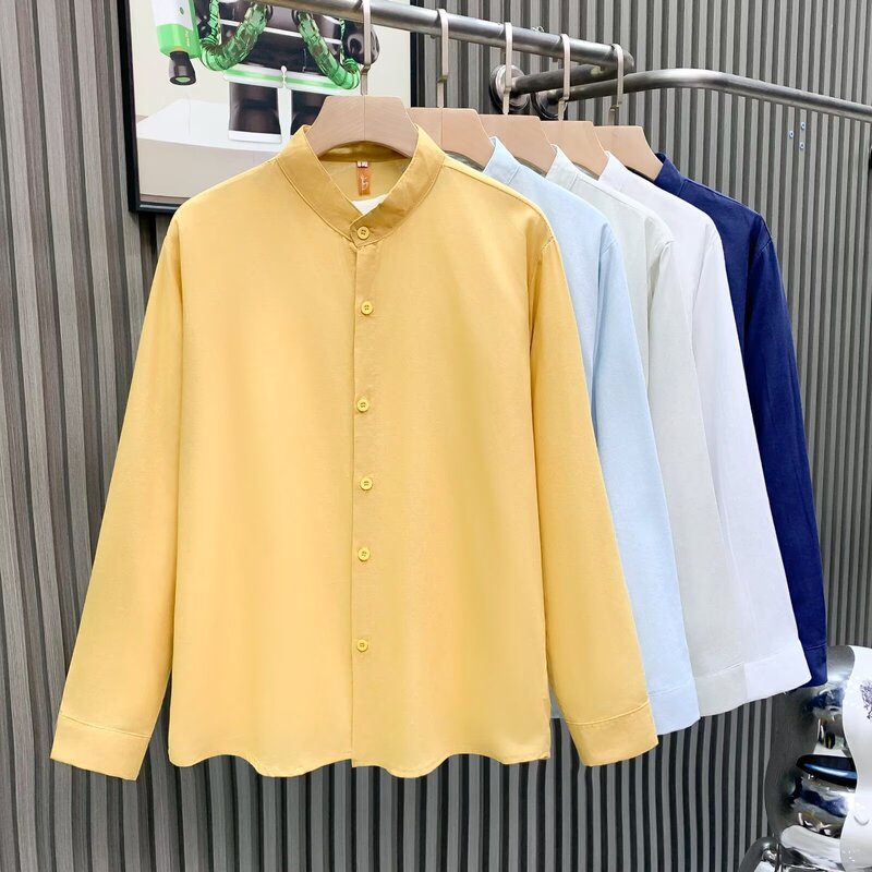 Multi-Color Collarless Shirt for Men, High-End, Handsome, Sunny and Clean, Long-Sleeved Shirt for Boys, New Chinese Style Jacket