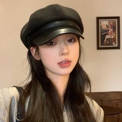 日系百搭八角帽秋冬帽子女款PU皮质鸭舌贝雷帽文艺复古百搭画家帽