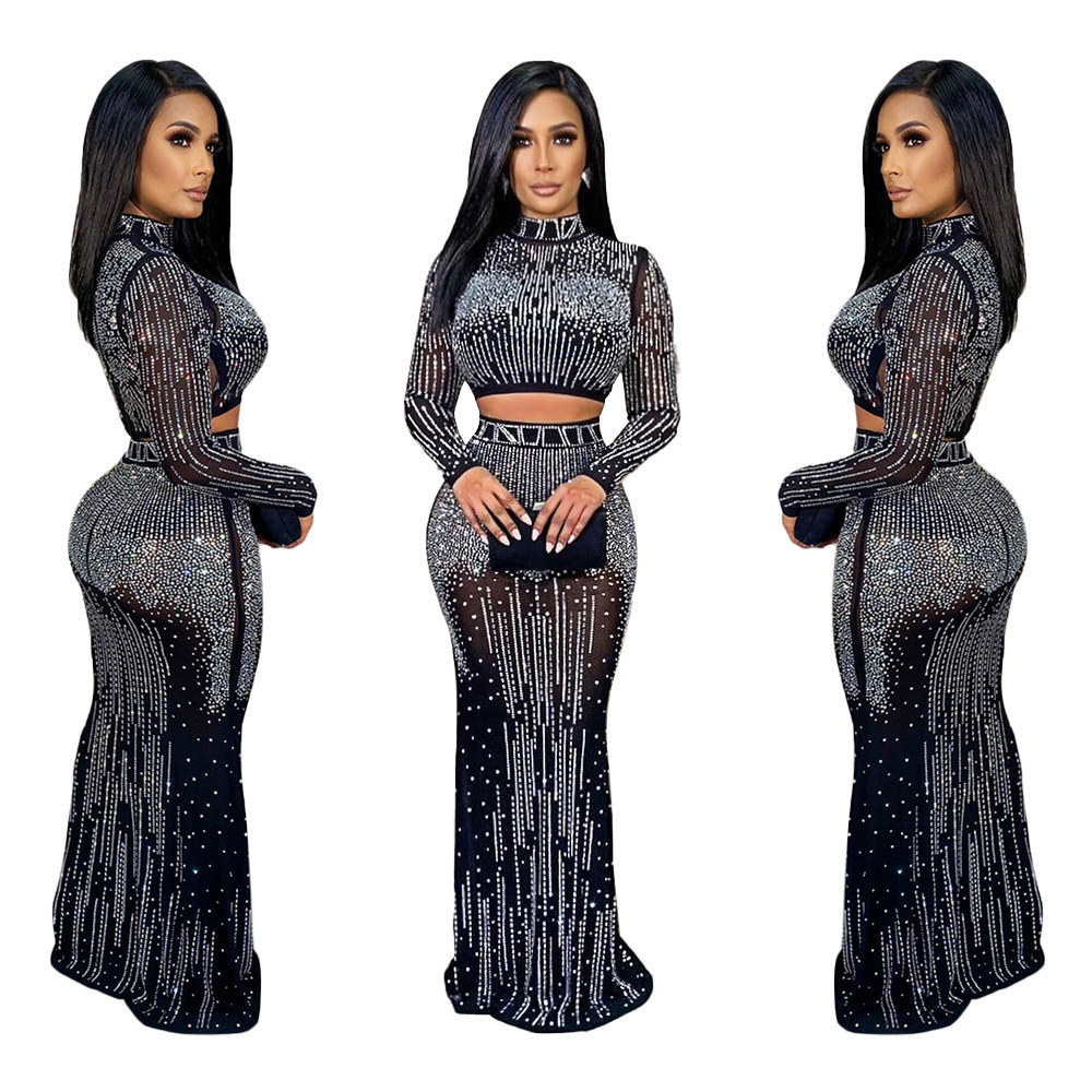 Women's Sexy High Neck Hollow Out Diamond Long Sleeve Solid Color Party Cocktail Party display picture 17